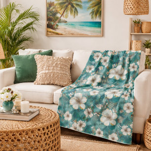 Manta Sherpa Hibisco Tropical Floral Teal