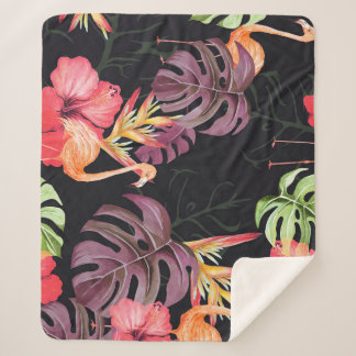 Manta Sherpa Hibiscus, Flamingos, Patrón tropical acuarela.