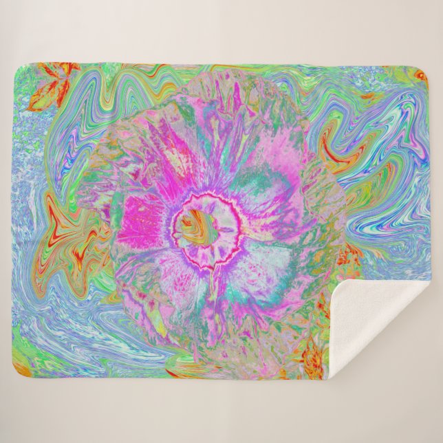 Manta Sherpa Hibiscus psicodélico de rosa caliente y ultraviole (Anverso (horizontal))