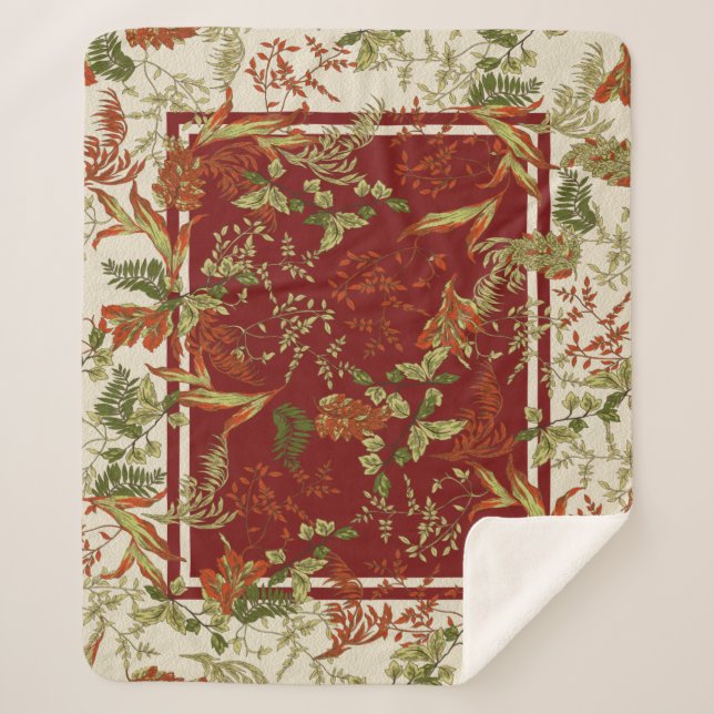 Manta Sherpa Hoja Floral Naranja Rojo Crema Verde Tirado (Anverso)