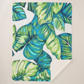 Manta Sherpa Hojas de Monstera Tropical y Verde Azul Bananero