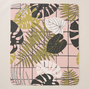 Manta Sherpa hojas de palma tropical, verano elegante.