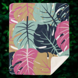 Manta Sherpa Hojas de Palma Tropicales en Rosa y Azul | Acogedo
