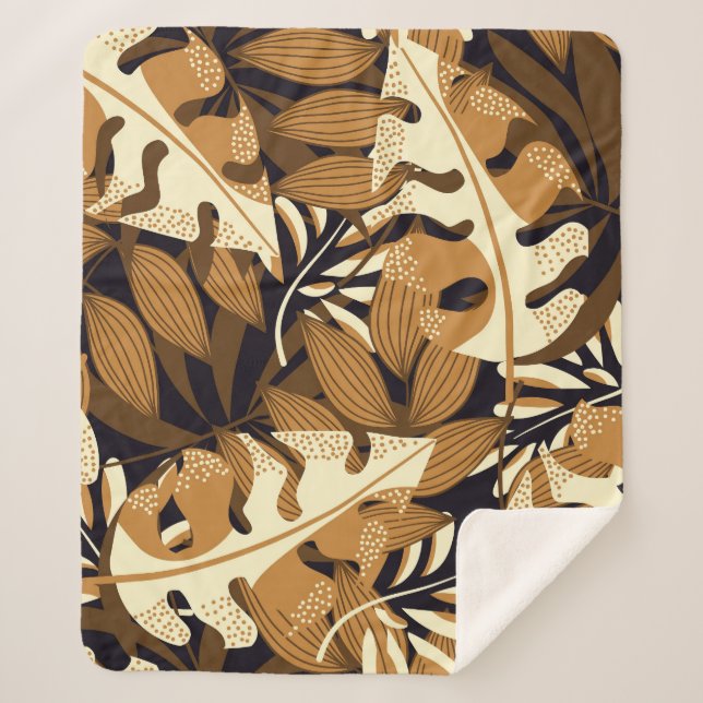 Manta Sherpa Hojas Tropicales Brillantes Patrón Oscuro (Anverso)