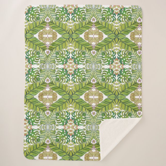 Manta Sherpa Hojas tropicales cortas en acuarela (Anverso)