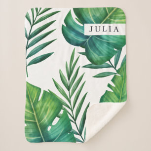 Manta Sherpa Hojas tropicales de acuarela personalizadas