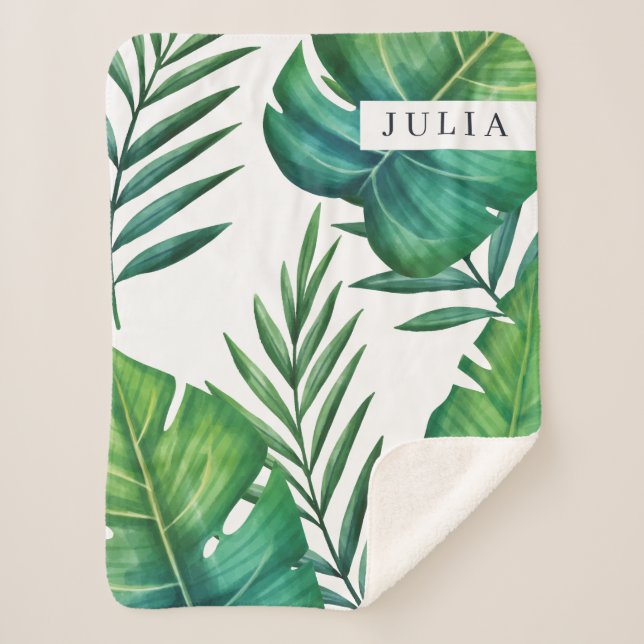 Manta Sherpa Hojas tropicales de acuarela personalizadas (Anverso)