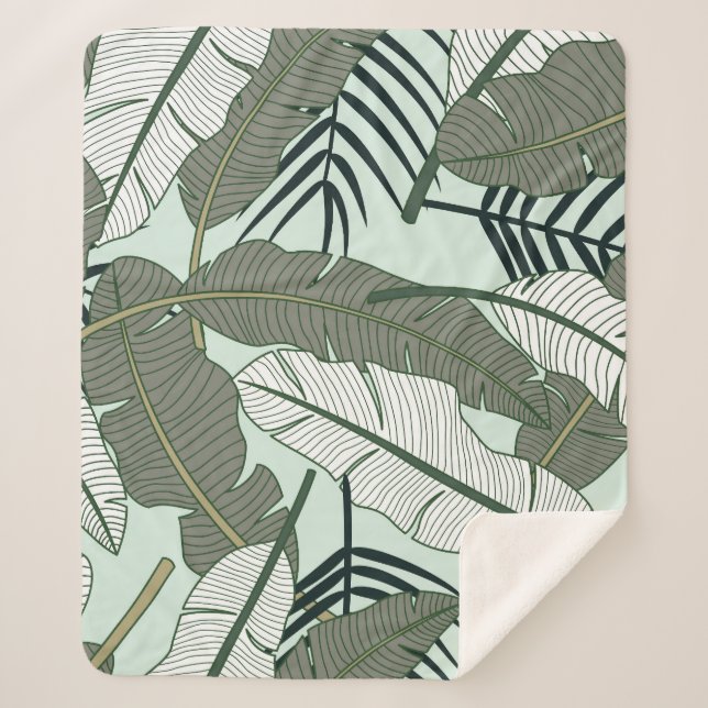 Manta Sherpa Hojas Tropicales: Patrón de la Naturaleza sin Mar. (Anverso)