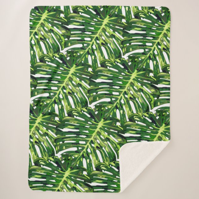 Manta Sherpa Hojas tropicales verdes Sherpa Blanket (Anverso)