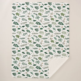 Manta Sherpa Hojas verdes y flores verdes sobre blanco