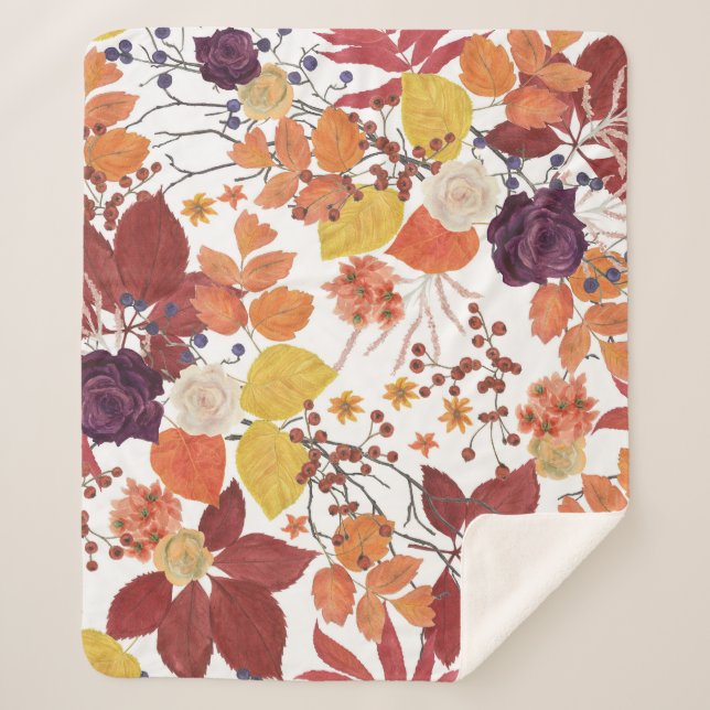 Manta Sherpa Hojas y Rosas de acuarela de otoño (Anverso)
