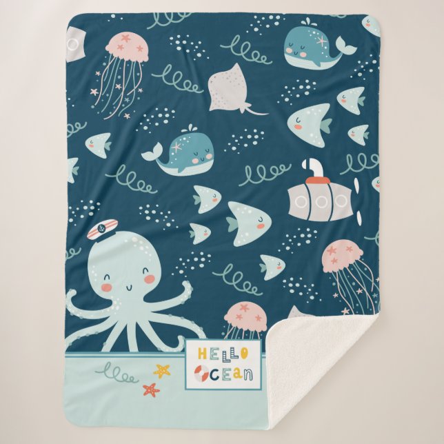 Manta Sherpa Hola Octopus oceánico y Fish Nautical Blue Kid (Anverso)