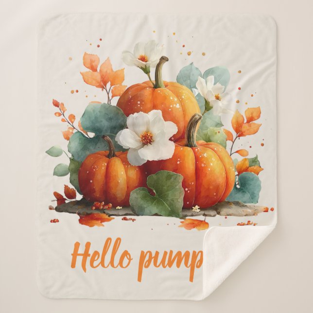 Manta Sherpa Hola Pumpkin Autumn Floral Design (Anverso)