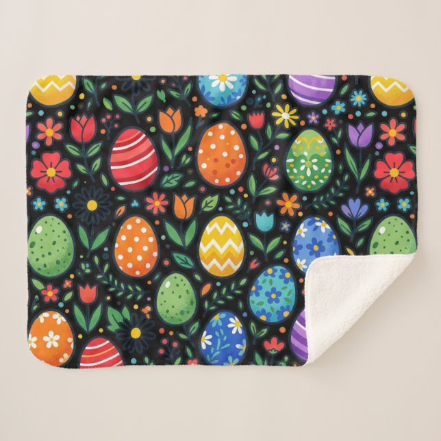 Manta Sherpa Huevos de Pascua y Flores Arcoíris (Anverso (horizontal))