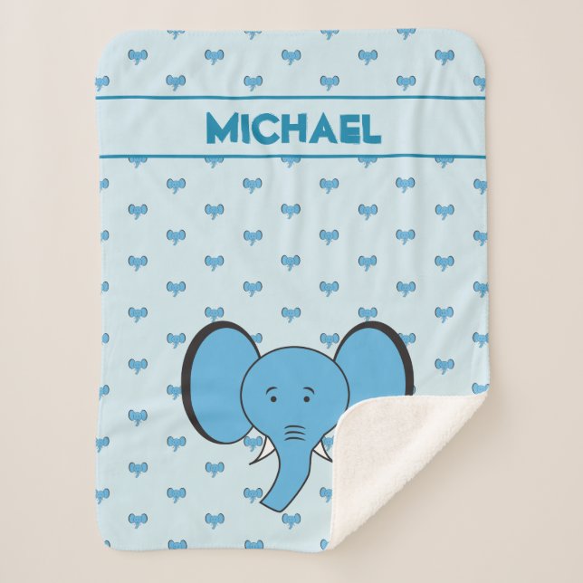 Manta Sherpa Ilustracion Blue Cute Elephant con nombre (Anverso)