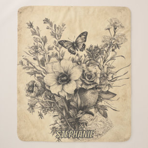 Manta Sherpa Ilustración Botánica Antigua de Mariposa en Sepia 