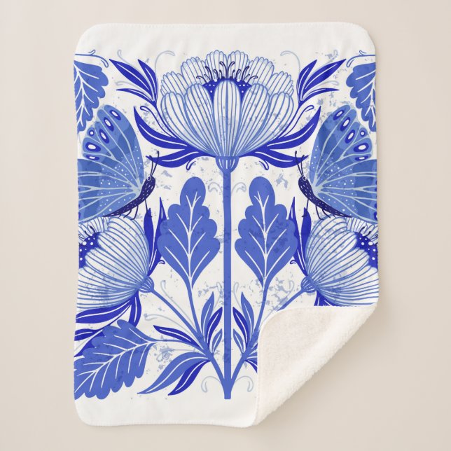 Manta Sherpa ilustracion con mariposas y flores aisladas (Anverso)