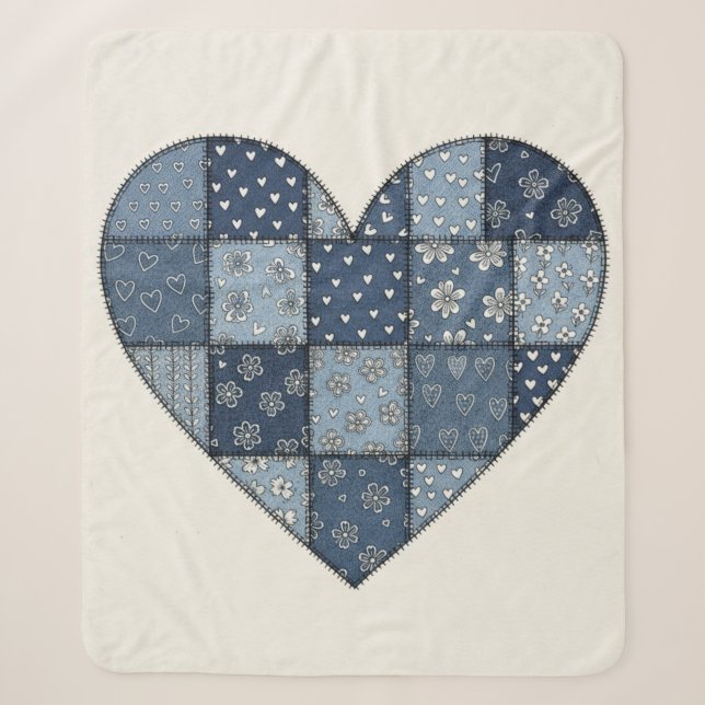 Manta Sherpa Ilustración de corazón de patchwork de mezclilla a (Anverso)