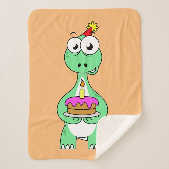 Manta Sherpa Ilustracion De Un Brontosauro Con Pastel De Cumple (Anverso)