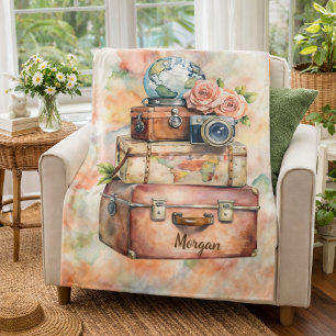 Manta Sherpa Ilustración de viaje vintage personalizada