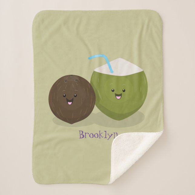 Manta Sherpa Ilustracion personalizado de cocos kawaii alegres (Anverso)