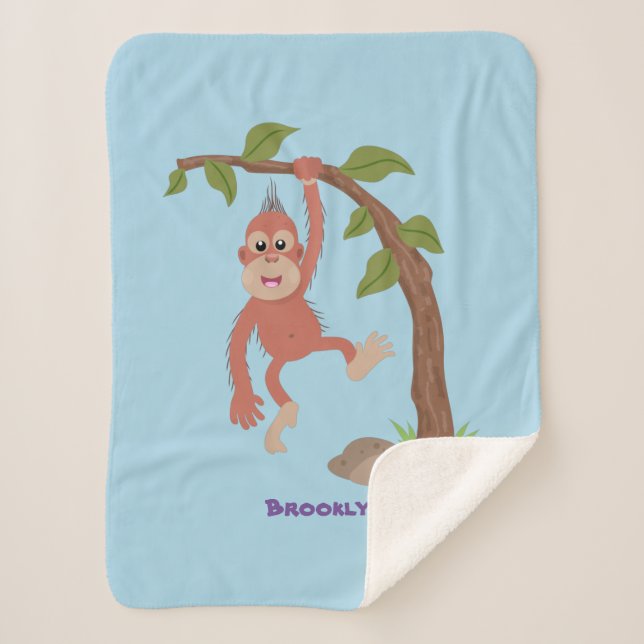 Manta Sherpa Ilustracion personalizado de orangután bebé feliz (Anverso)