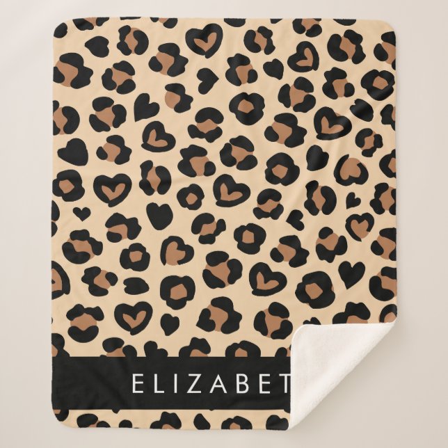 Manta Sherpa Impresión animal, leopardo marrón, corazón, tu nom (Anverso)