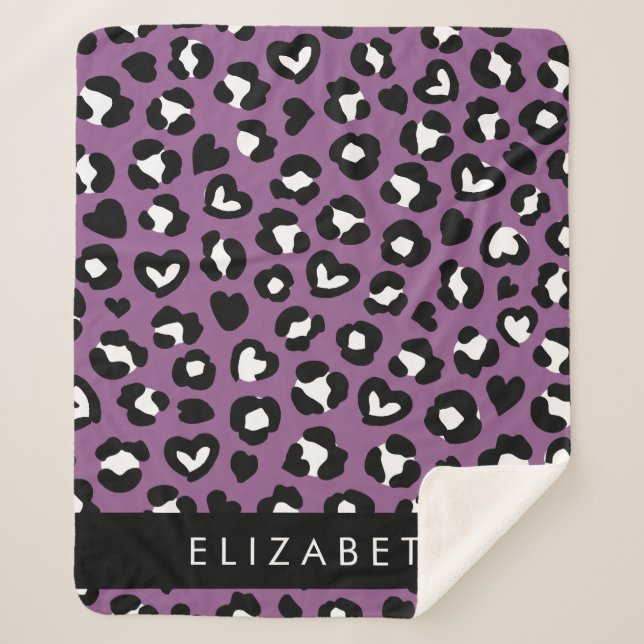 Manta Sherpa Impresión animal, leopardo morado, corazón, tu nom (Anverso)