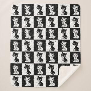 Manta Sherpa Impresión de monograma de gato blanco negro