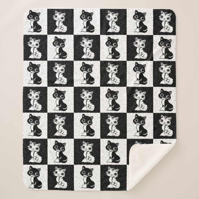 Manta Sherpa Impresión de monograma de gato blanco negro (Anverso)