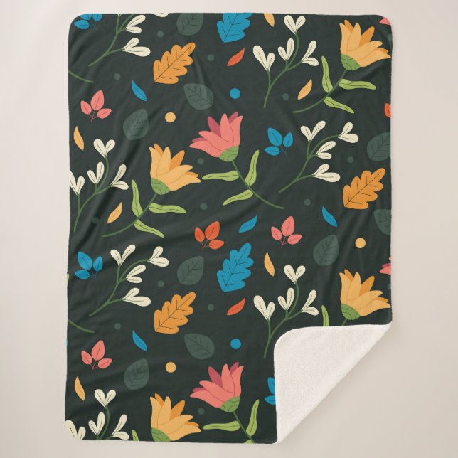 Manta Sherpa Impresión floral botánica negra (Anverso)