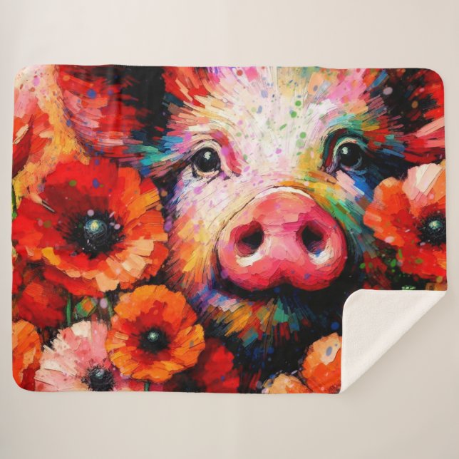 Manta Sherpa Impresionante cerdo en flores de amapola roja (Anverso (horizontal))