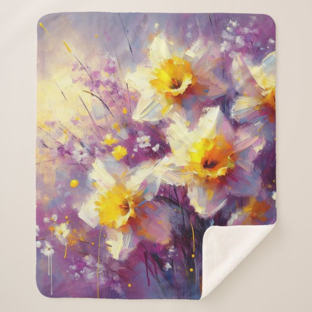 Manta Sherpa Impresionante Daffodil Floral Purple Yellow Art (Anverso)