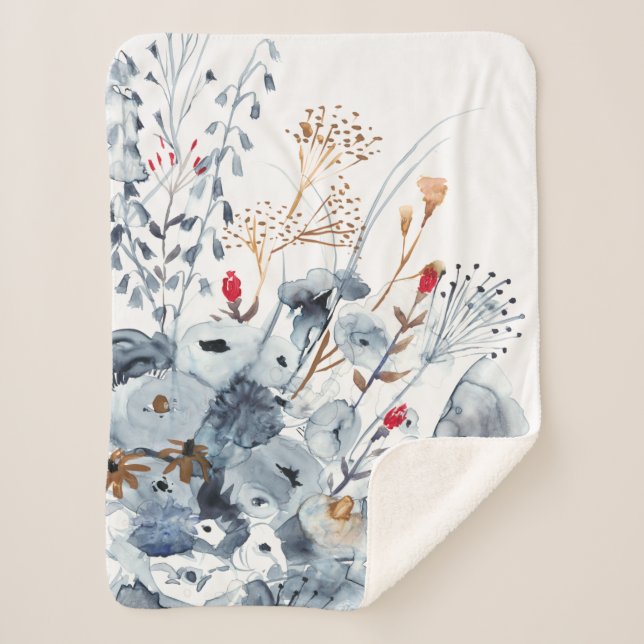 Manta Sherpa Índigo y ocre - Flores acuáticas (Anverso)