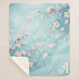 Manta Sherpa Iniciales de Flor de Cerezo Turquesa Elegante