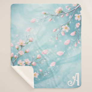 Manta Sherpa Iniciales de Flor de Cerezo Turquesa Elegante