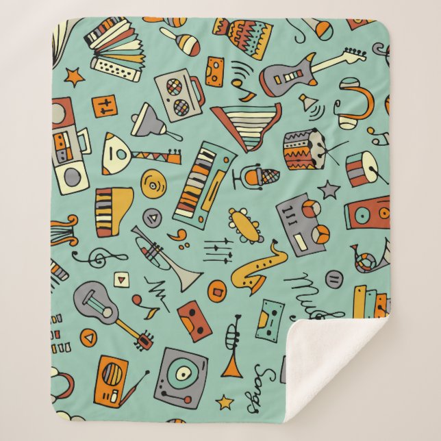 Manta Sherpa Instrumentos musicales, patrón de sketch vintage. (Anverso)