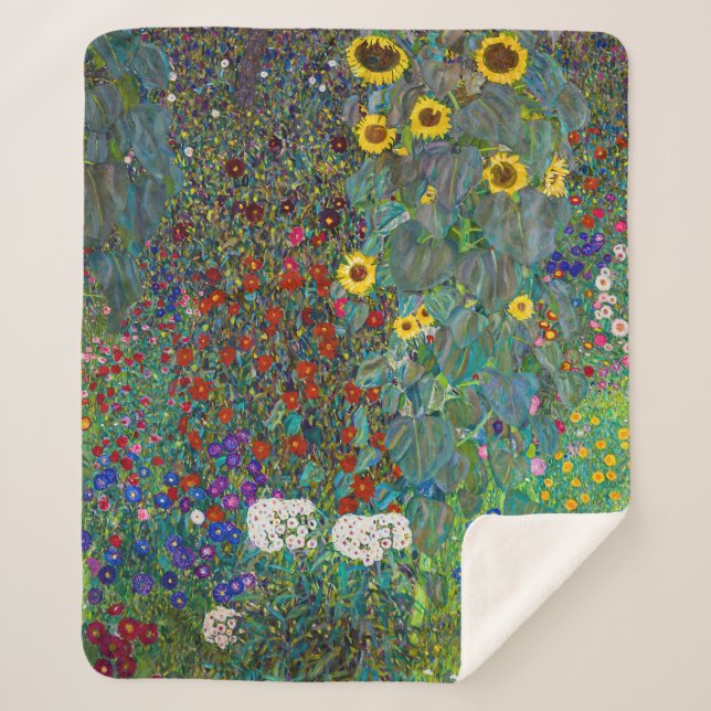 Manta Sherpa Jardín de granja con girasoles | Gustav Klimt | (Anverso)