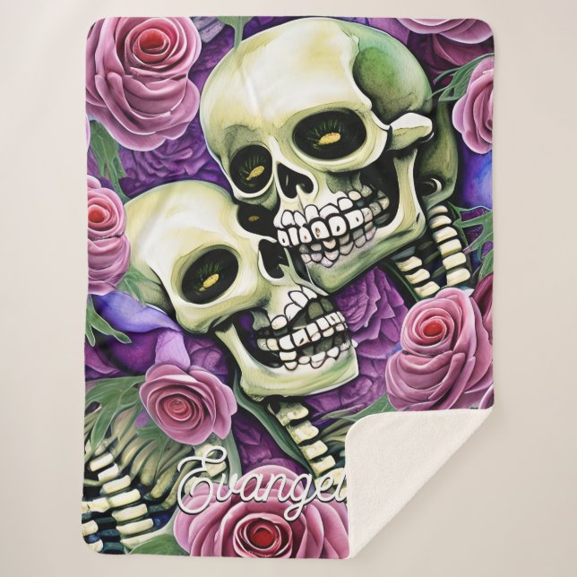 Manta Sherpa Jardín Gótico Acuarela Floral Calavera (Anverso)