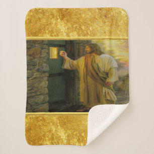 Manta Sherpa Jesús en tu puerta con un diseño de Relieve metali