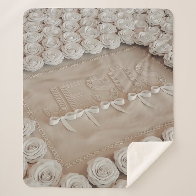 Manta Sherpa JESÚS Fleece & Sherpa Blanket - Rosas blancas y (Anverso)