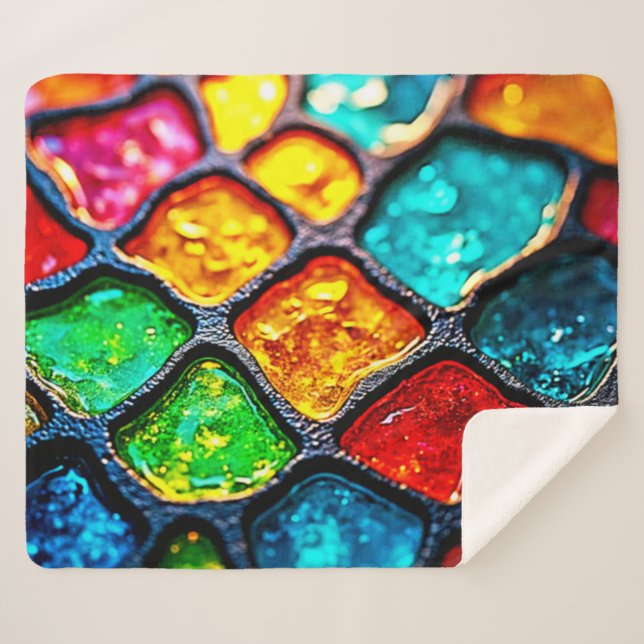 Manta Sherpa Jewel Tone Stained Glass Art Glow Design (Anverso (horizontal))