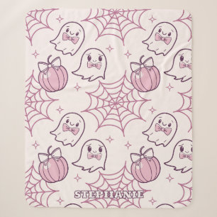 Manta Sherpa Kawaii Fantasma de Halloween rosa y Calabaza