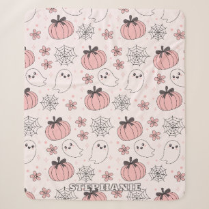 Manta Sherpa Kawaii Fantasma y Calabazas de Halloween Rosa