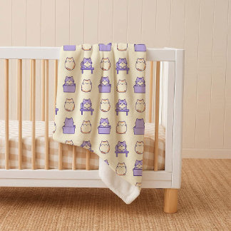 Manta Sherpa Kawaii Lavender Chonky Cat Pastel Cozy Sherpa Blan