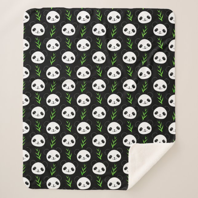 Manta Sherpa Kawaii Panda Pattern Bambú en verde blanco negro (Anverso)
