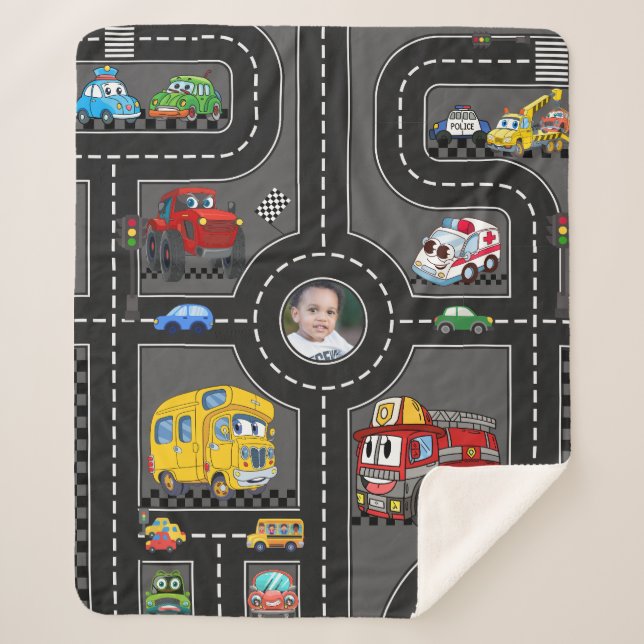 Manta Sherpa Kids Photo Road Map Cute Cartoon Vehicles Street (Anverso)