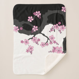 Manta Sherpa Kimono japonés Sakura negro y rosa blanco
