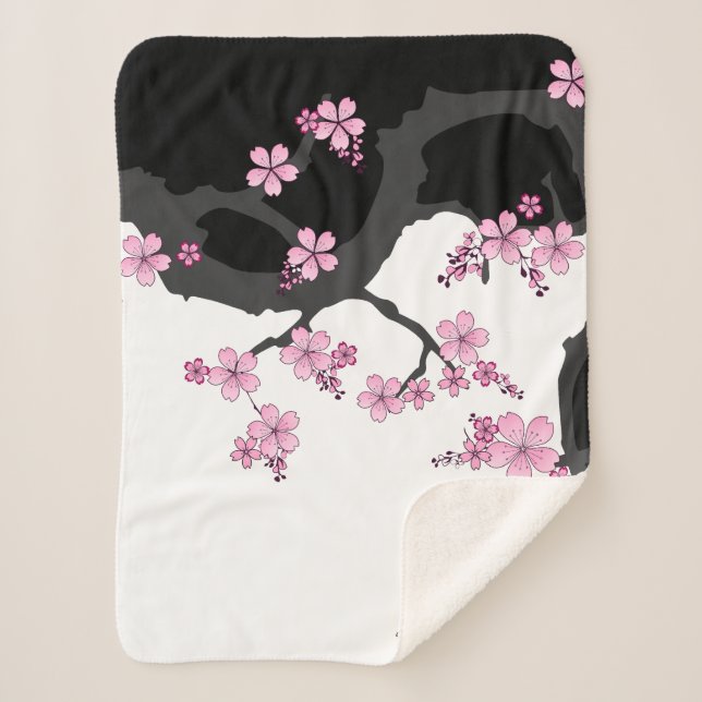 Manta Sherpa Kimono japonés Sakura negro y rosa blanco (Anverso)