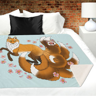 Manta Sherpa Kitsune Zorro Caprichoso Flor de Cerezo Azul Fanta